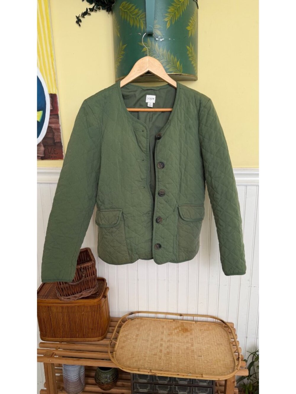 J.Crew Womens Quilted Olive Green Jacket Size 6 Button Front Cotton Blend Long S